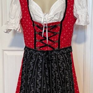 Red & Black Bavarian Dirndl Dress with White Blouse & Apron Edelnice Like New